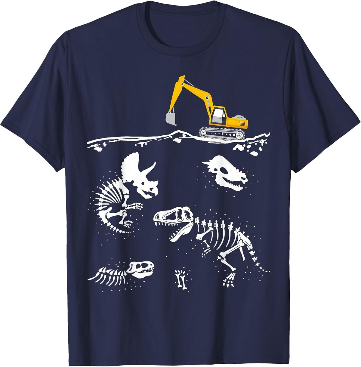 Dinosaur Fossils Digging Excavator Dinos Skeleton T-rex T-Shirt - Navy Blue