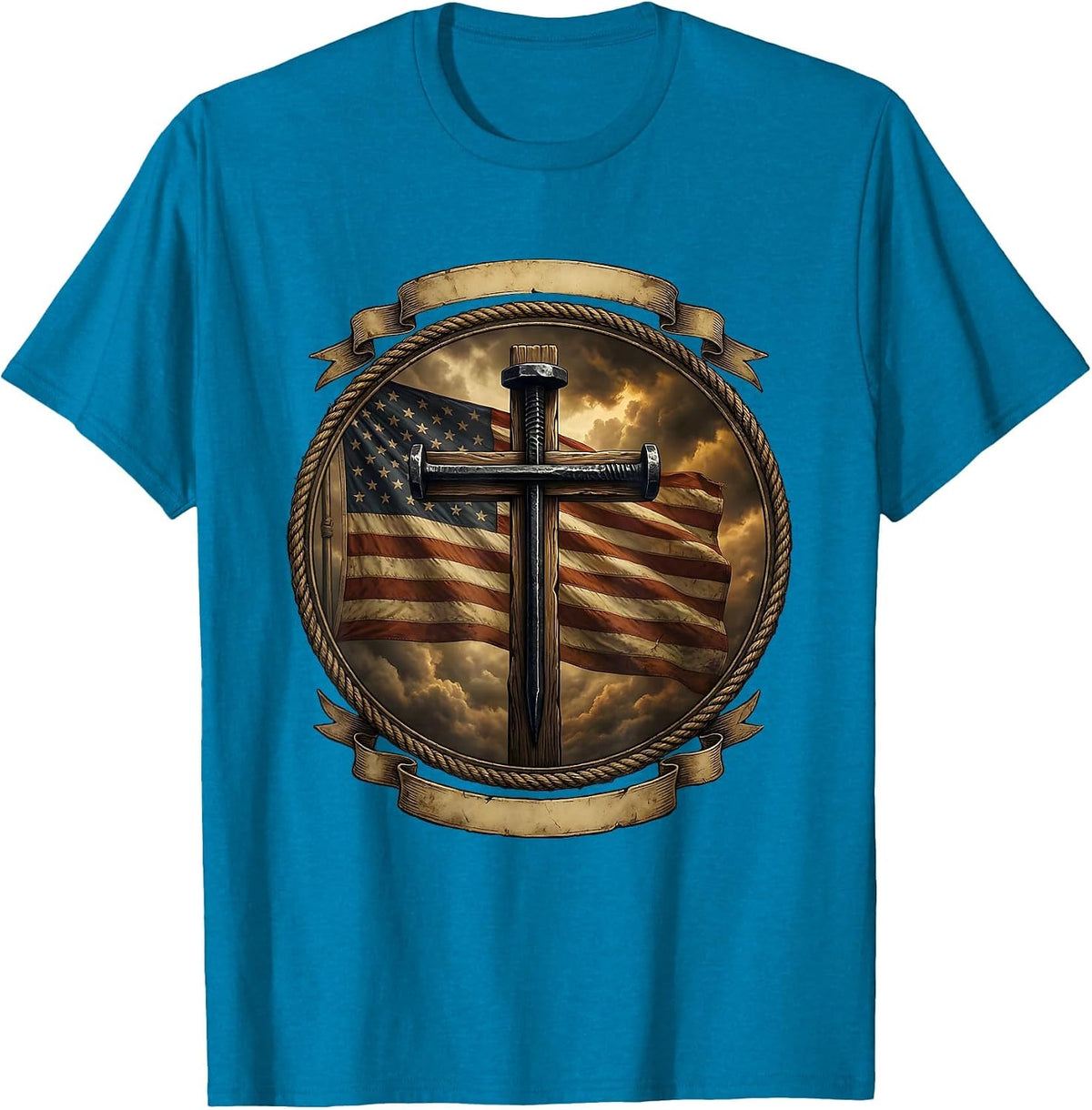 3 Nails Cross Stormy Sky Christian Graphic T-Shirt - Sapphire Blue