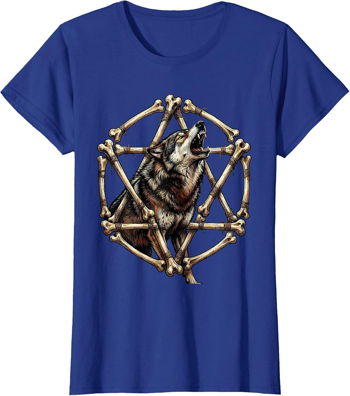 Women's Wolf Howling Pentagram of Bones Heavy Metal Graphic T-Shirt - Royal Blue