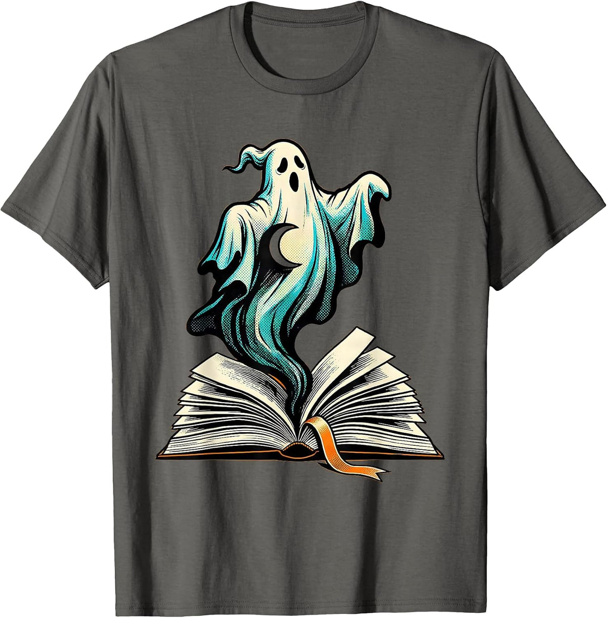 Ghost Book Pop Art Halloween Bookworm Teacher T-Shirt - Asphalt Grey