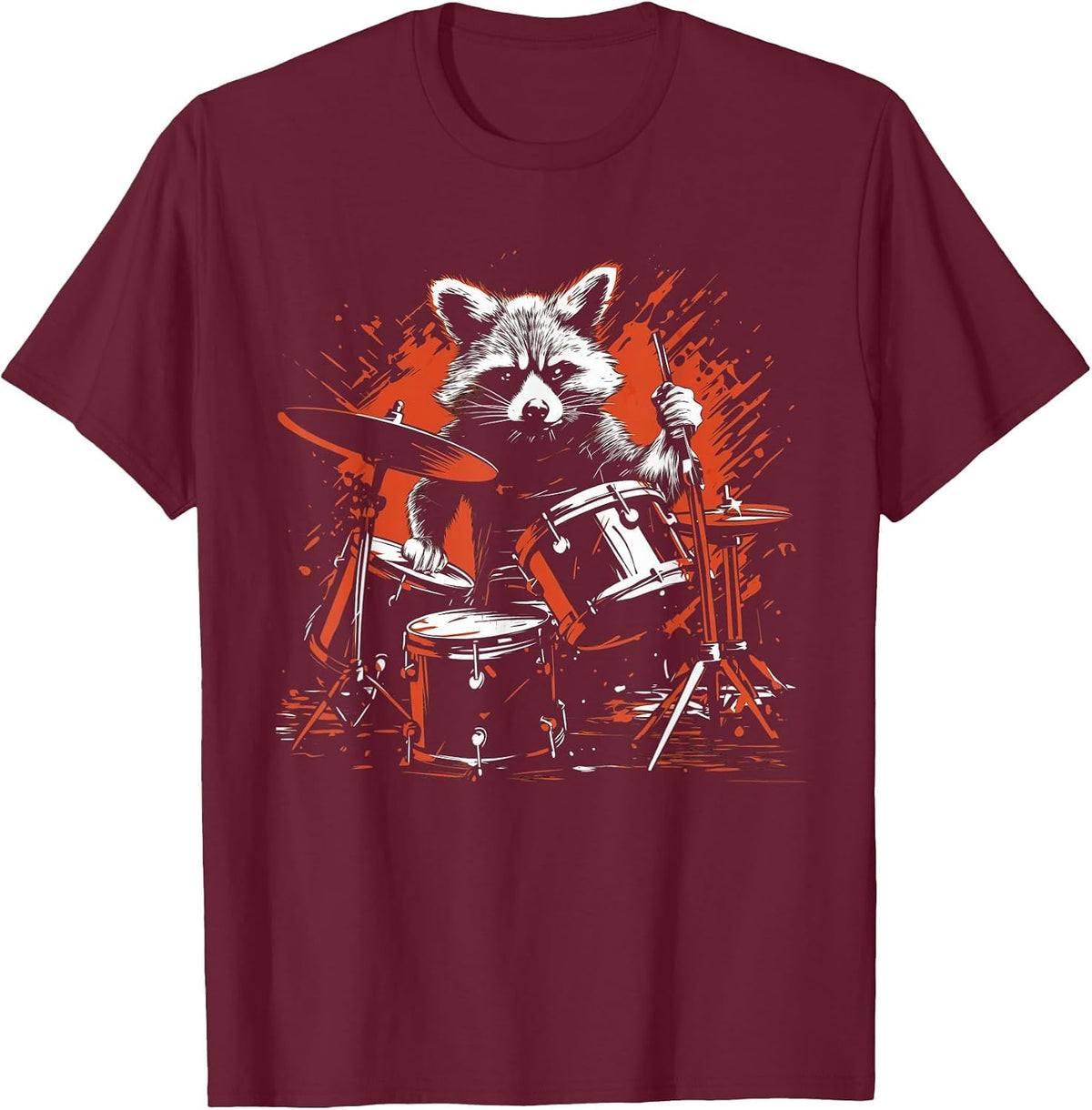 Drummer Raccoon Playing Drums Funny Drumming Raccoon Lover T-Shirt - Burgundy