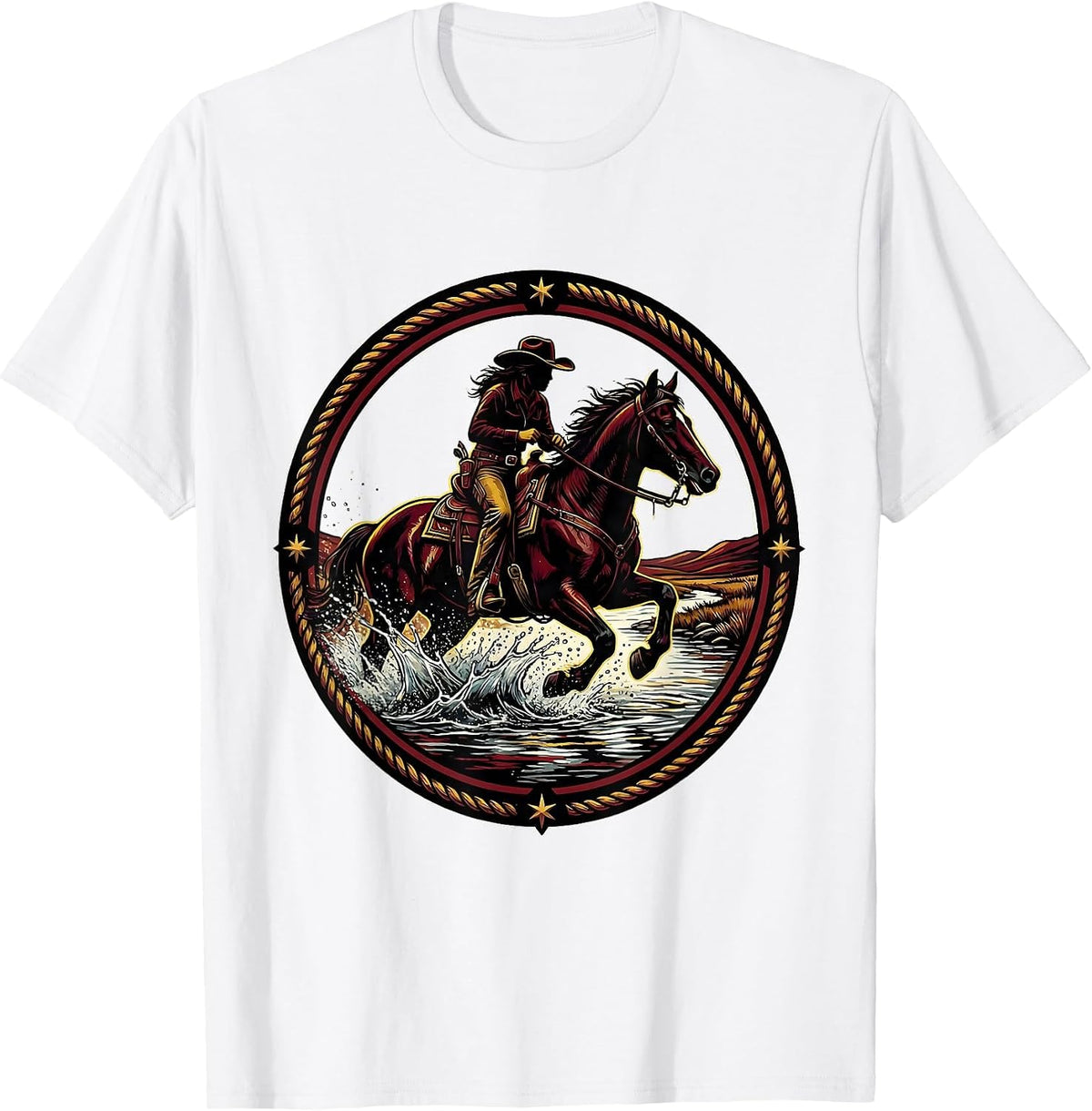 Men's Cowgirl Riding Horse Through River Crossing T-Shirt - White