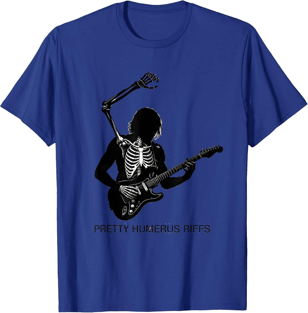 Pretty Humerus Riffs Bold Skeleton Guitarist Halloween T-Shirt - Royal Blue