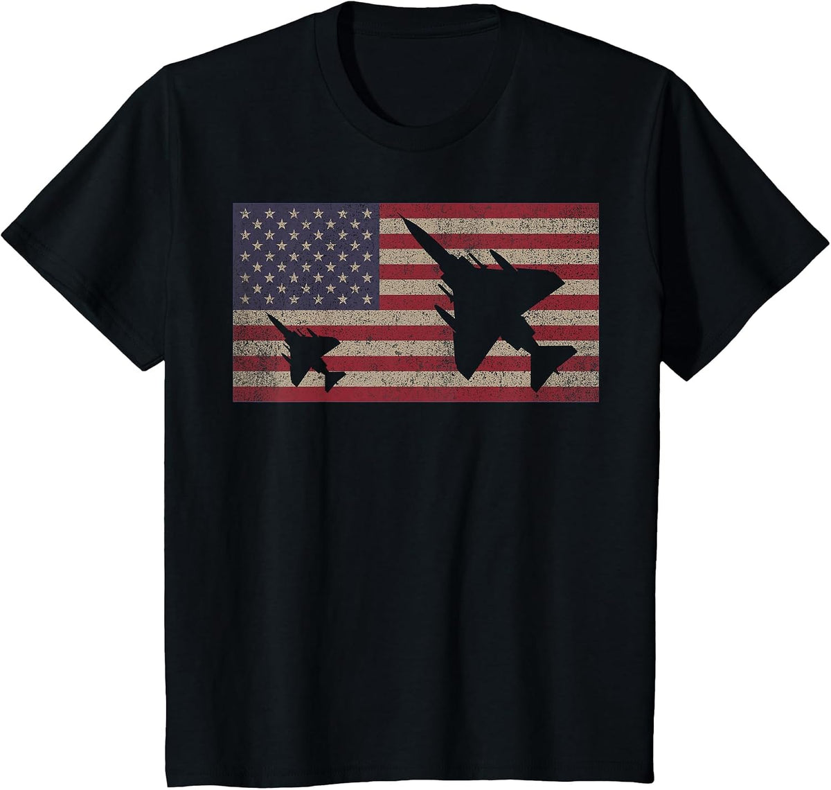 F-4 Phantom II Jet Fighter Plane USA Patriotic Flag T-Shirt - Black
