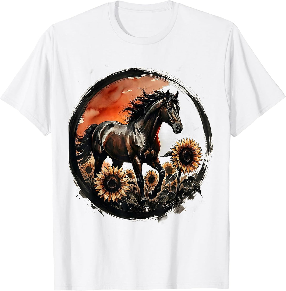 Men's Horse in Sunflower Field Dusk Illustration T-Shirt - White