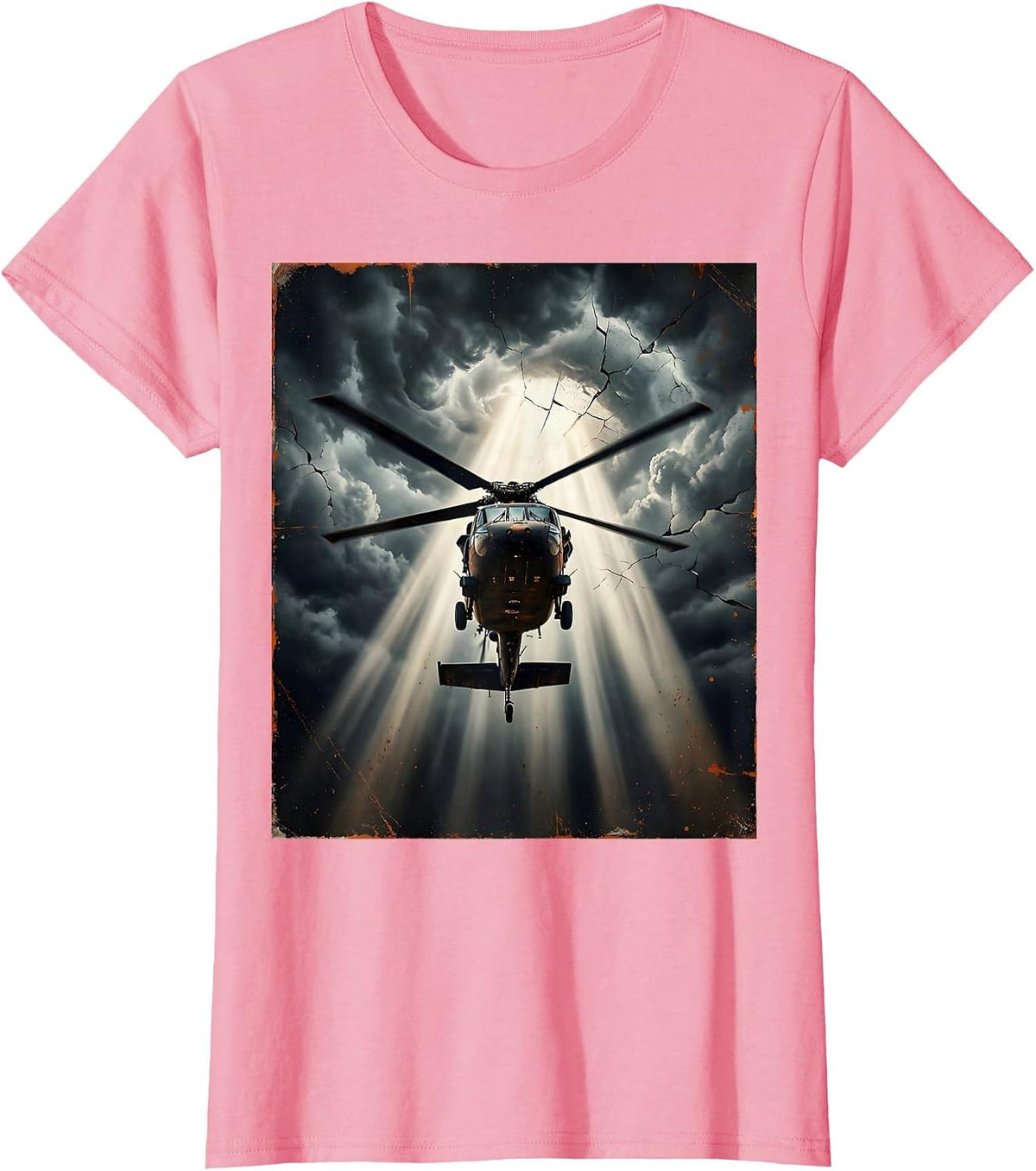 Women's Helicopter Spotlight Through Dark Stormy Clouds T-Shirt - Pink