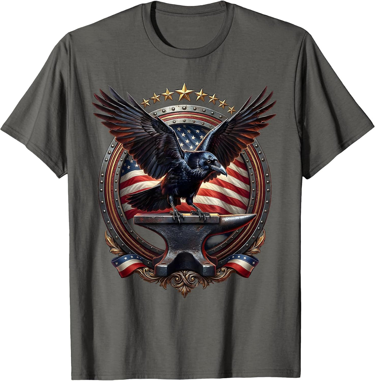 Men's Crow Landing on Anvil Blacksmith Graphic Tee T-Shirt - Asphalt Grey
