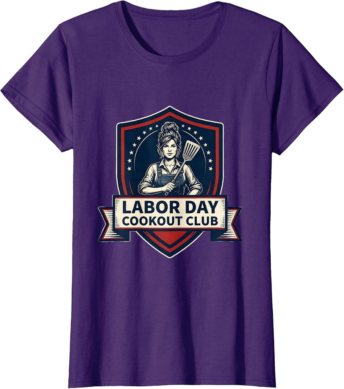 Women's Labor Day Cookout Club Patriotic Messy Bun Woman Holiday T-Shirt - Purple