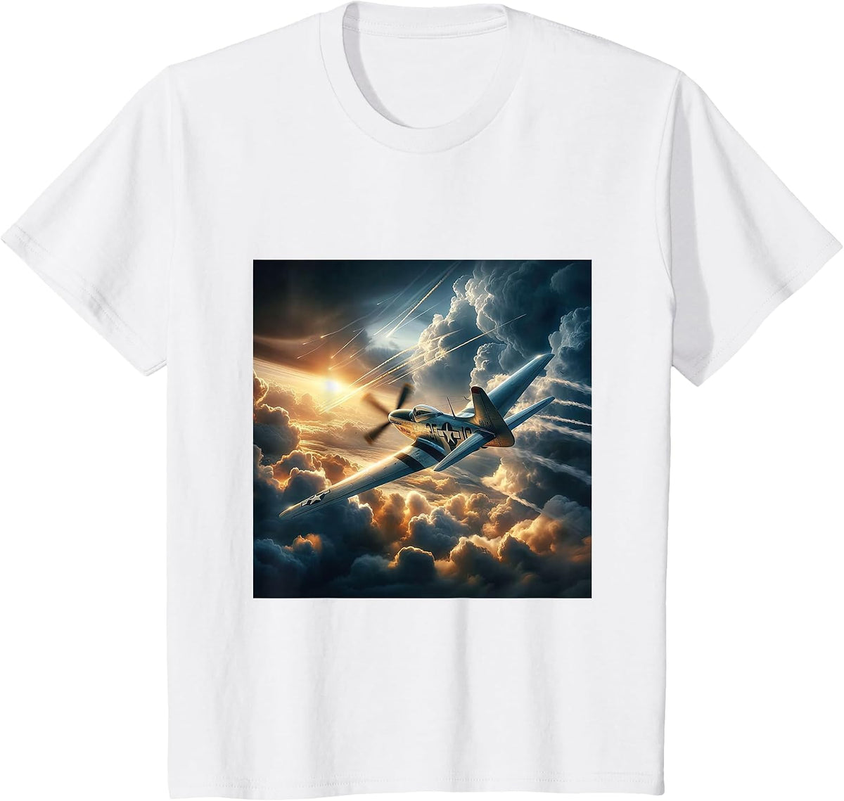 WWII Warbirds | P-51 Mustang in Dynamic Flight Cloudy Sky T-Shirt - White