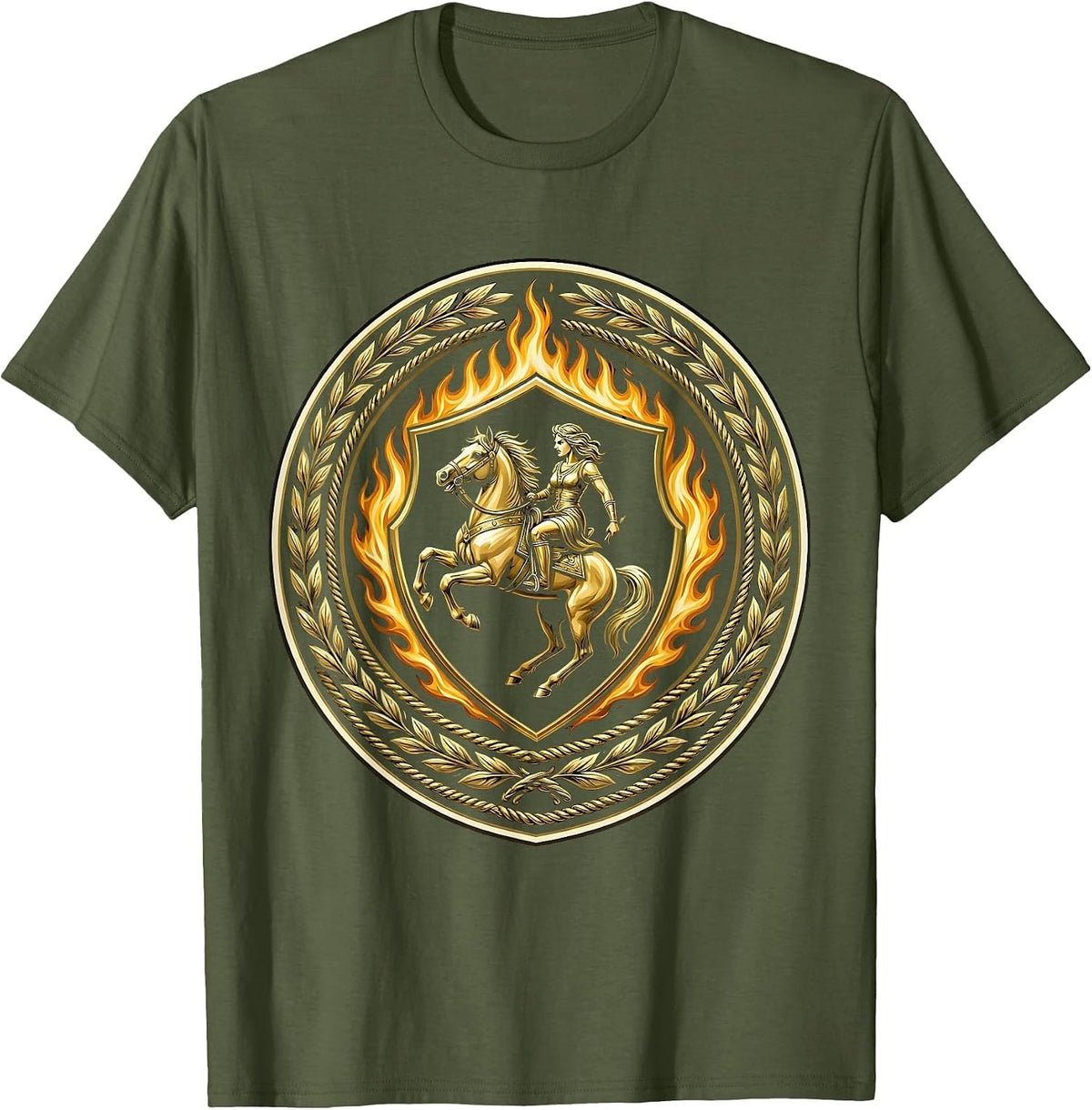 Wild Flames Equestrian Rider Graphic T-Shirt - Olive Green