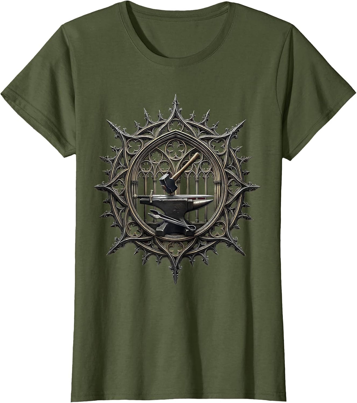 Women's Renaissance Blacksmith Forging Glowing Sword Anvil T-Shirt - Olive Green