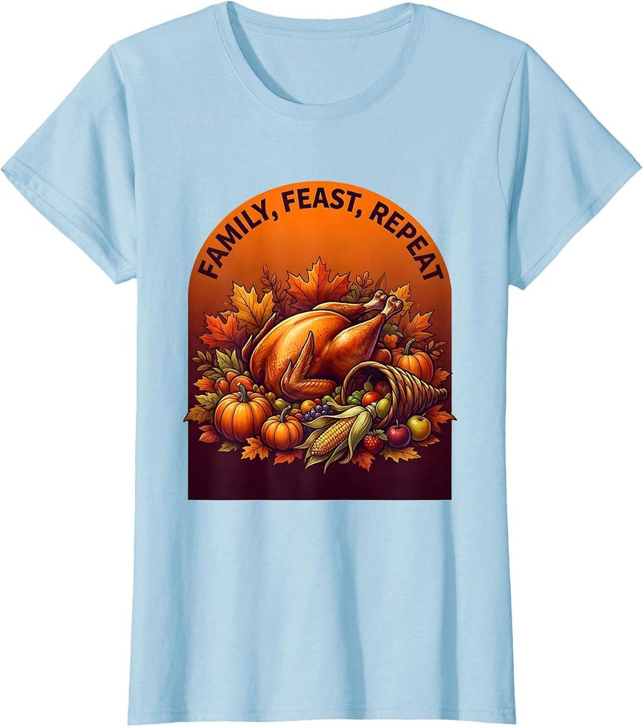 Women's Family Feast Repeat Thanksgiving Design T-Shirt - Baby Blue