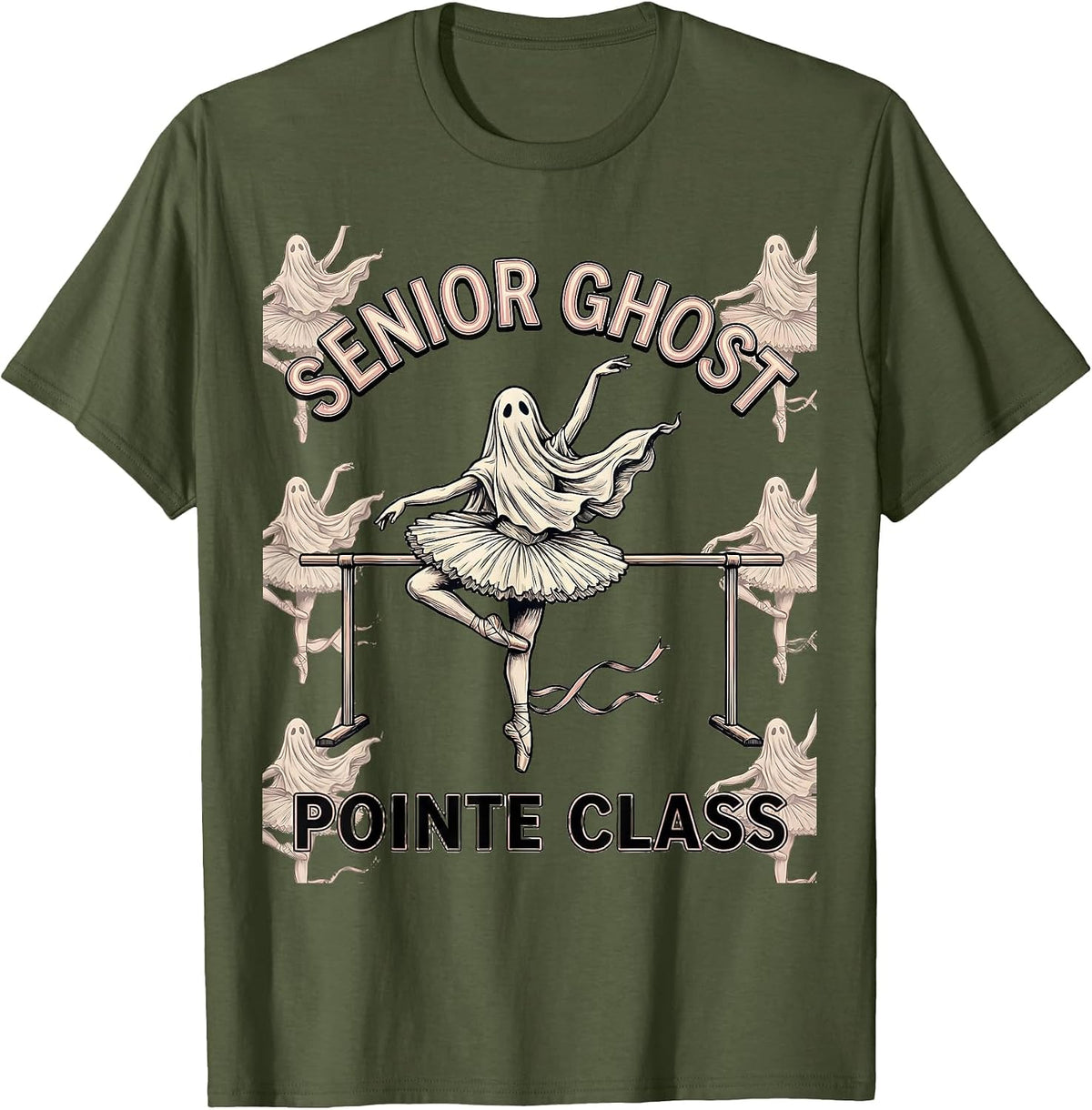 Men's Senior Ghost Pointe Class Whimsical Halloween Ballet Teacher T-Shirt - Olive Green