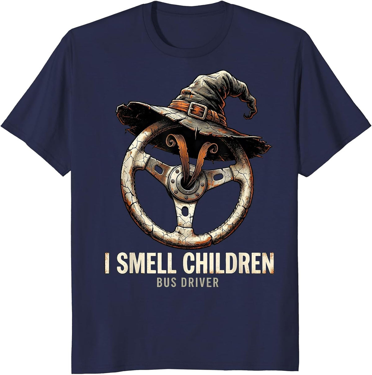Men's I Smell Children Bus Driver Funny Witch Halloween Party T-Shirt - Navy Blue