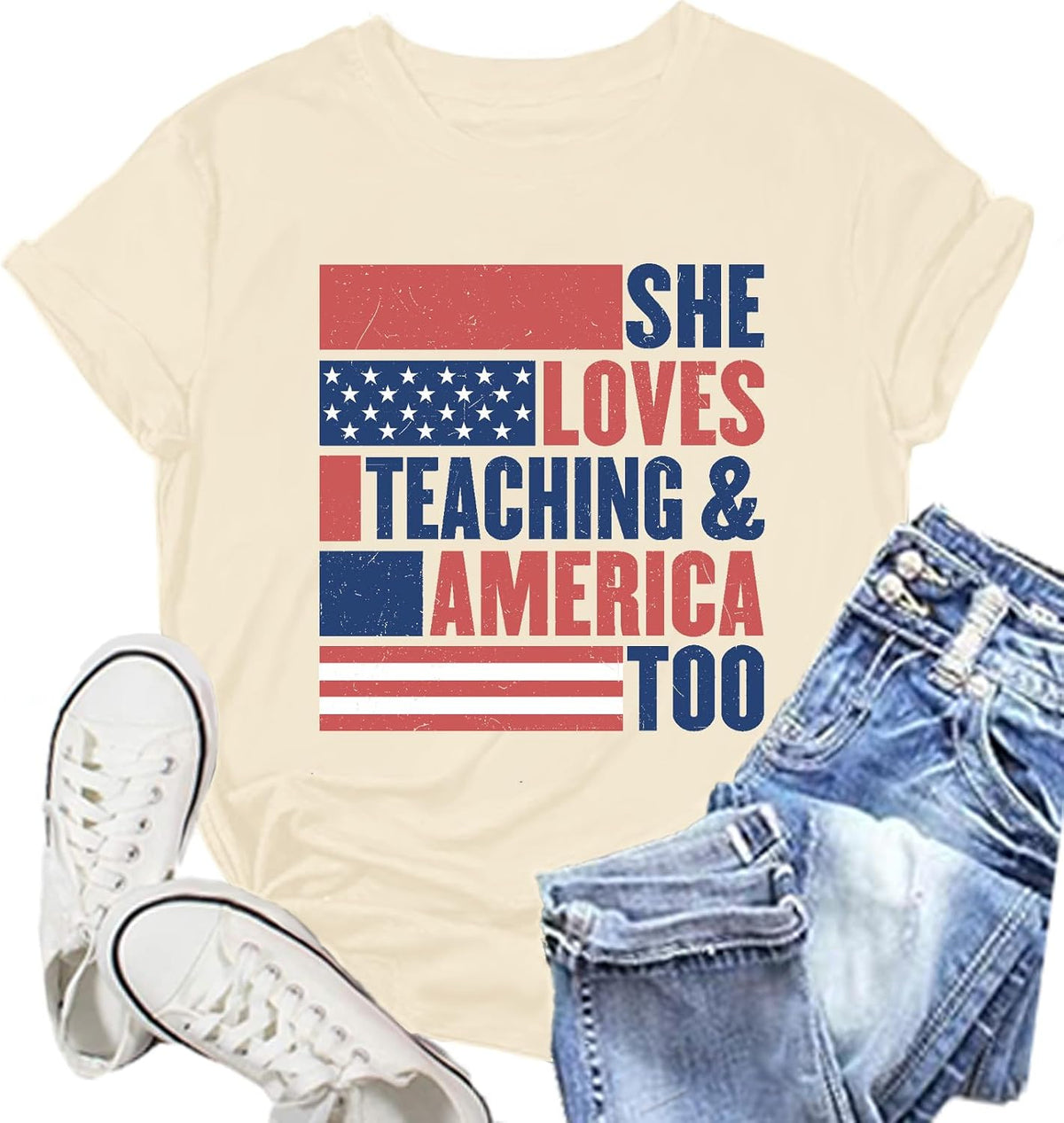 Teacher Shirts for Women Teaching Life T-Shirts - Cream-4th of July