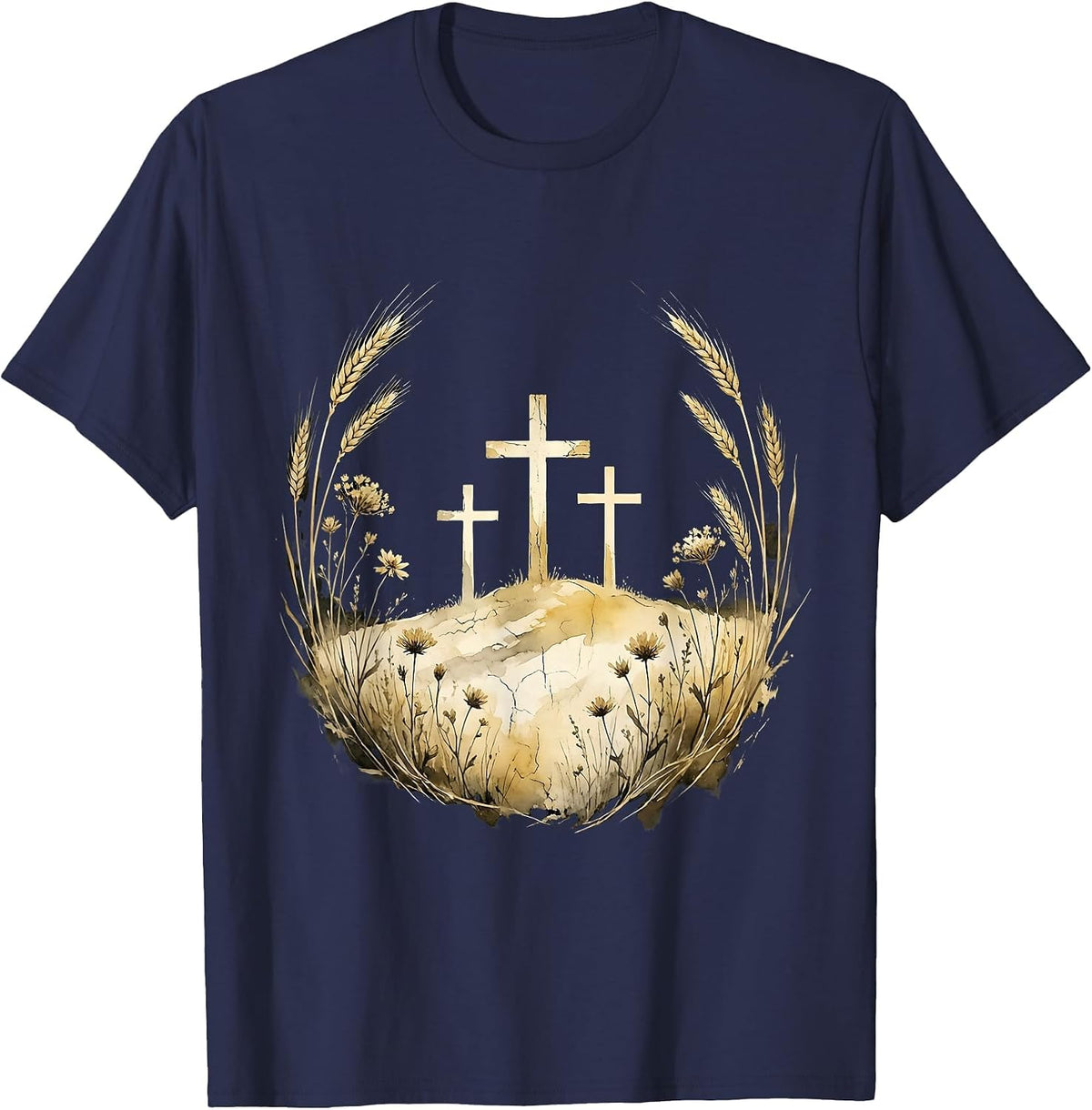 Three Crosses Hilltop Silhouette Christian Design T-Shirt - Navy Blue