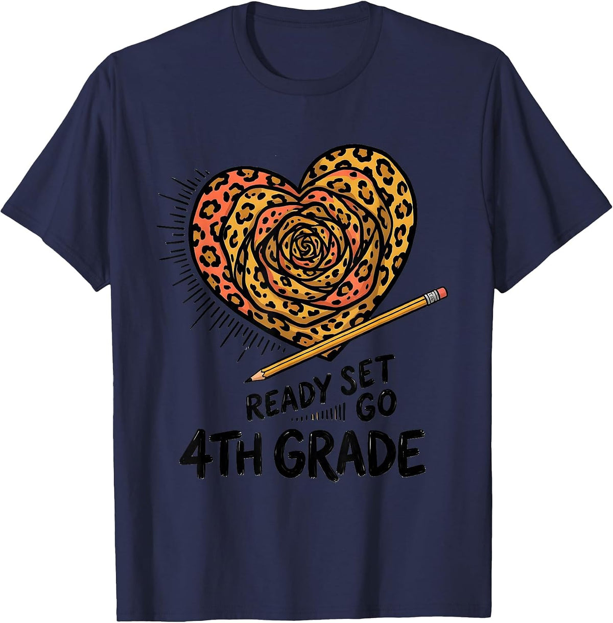 Ready Set Go 4th Grade Leopard Heart Back To School Girl T-Shirt - Navy Blue