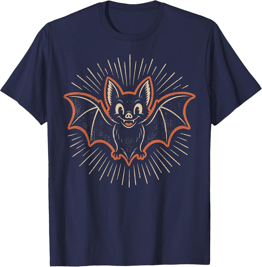 Vintage Cute Bat Retro Spooky Season Halloween Bat Tees T Shirts Men Women - Navy Blue