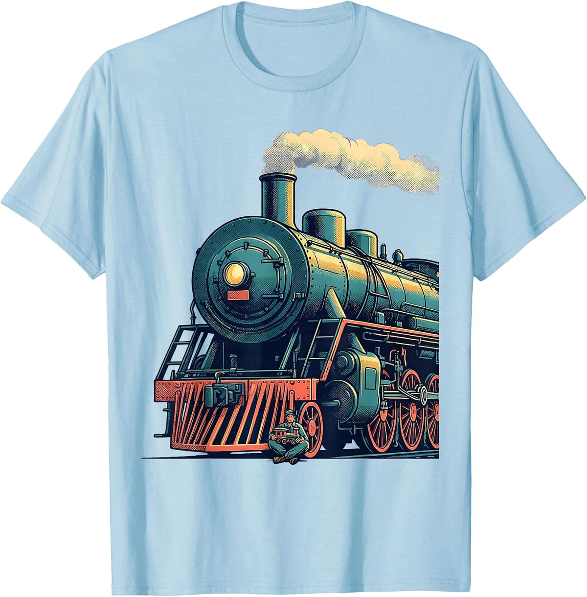 Men's Oversized Steam Locomotive Flat Vector Train Enthusiast T-Shirt - Baby Blue