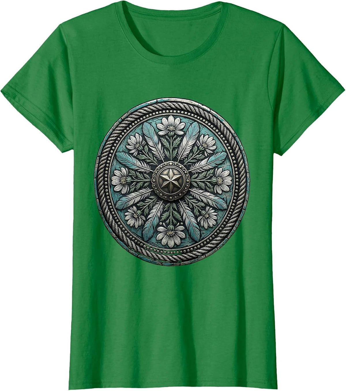 Turquoise Silver Belt Buckle Country Music Art T-Shirt - Kelly Green