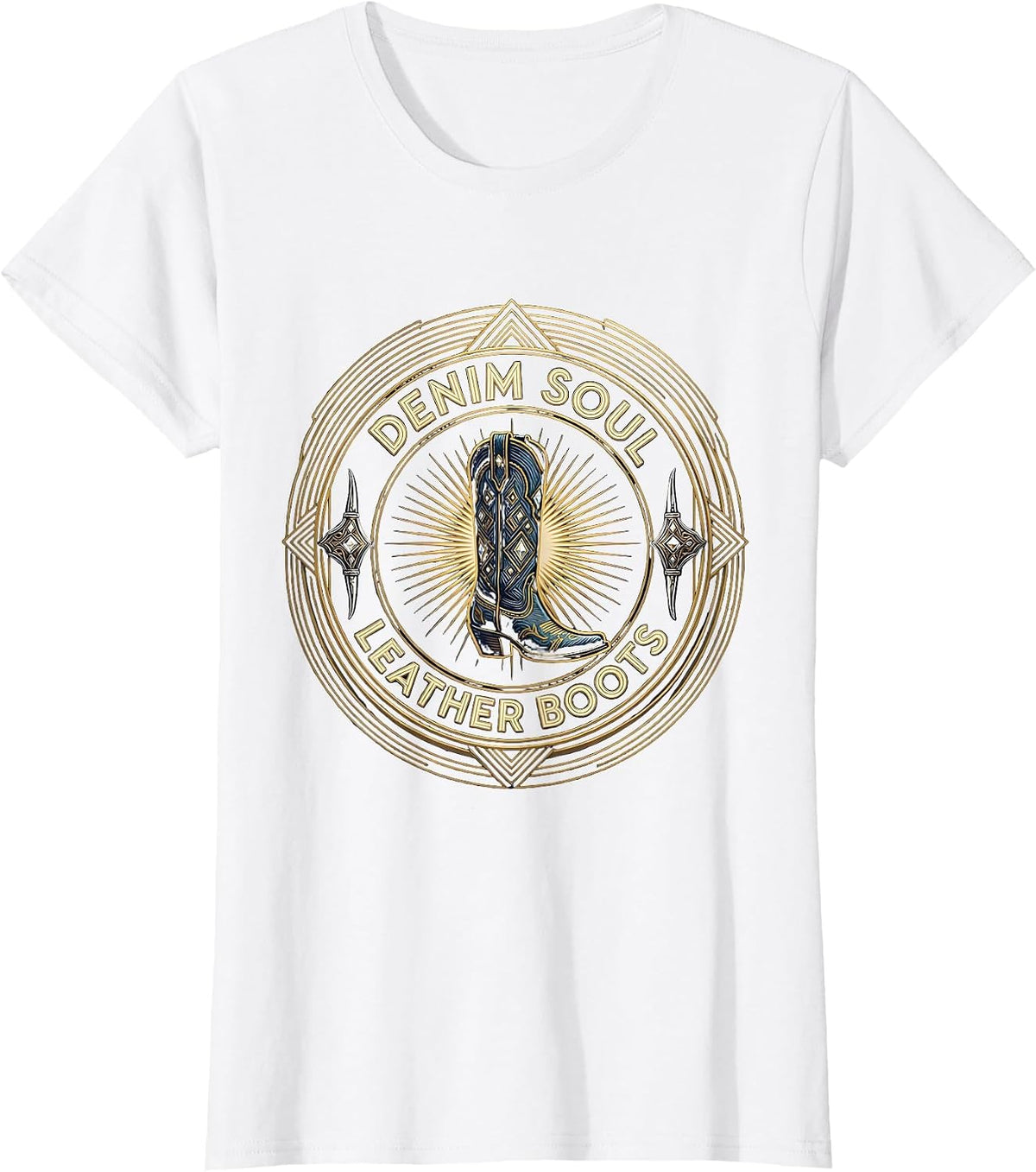 Denim Soul Leather Boots Cowboy Design T-Shirt - White