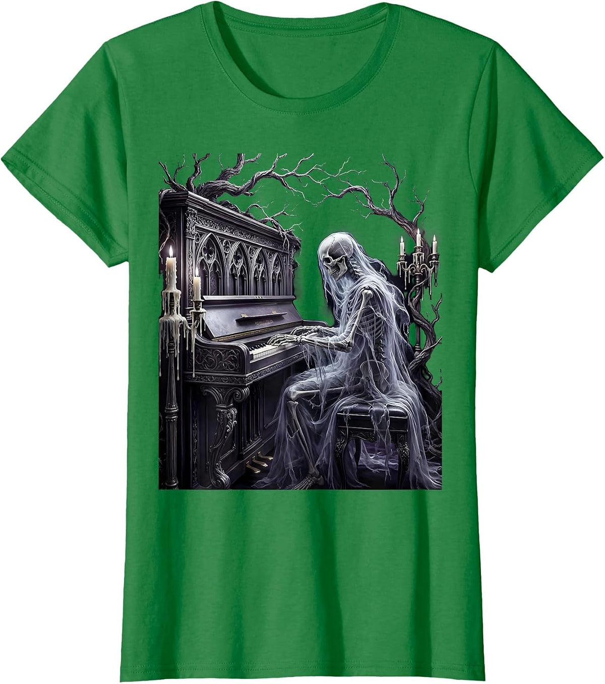 Ghost Playing Vintage Upright Piano Illustration T-Shirt - Kelly Green