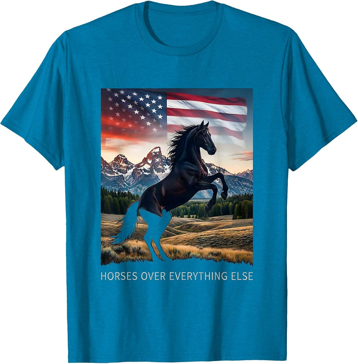 Horses Over Everything Cowgirl Graphic Design T-Shirt - Sapphire Blue