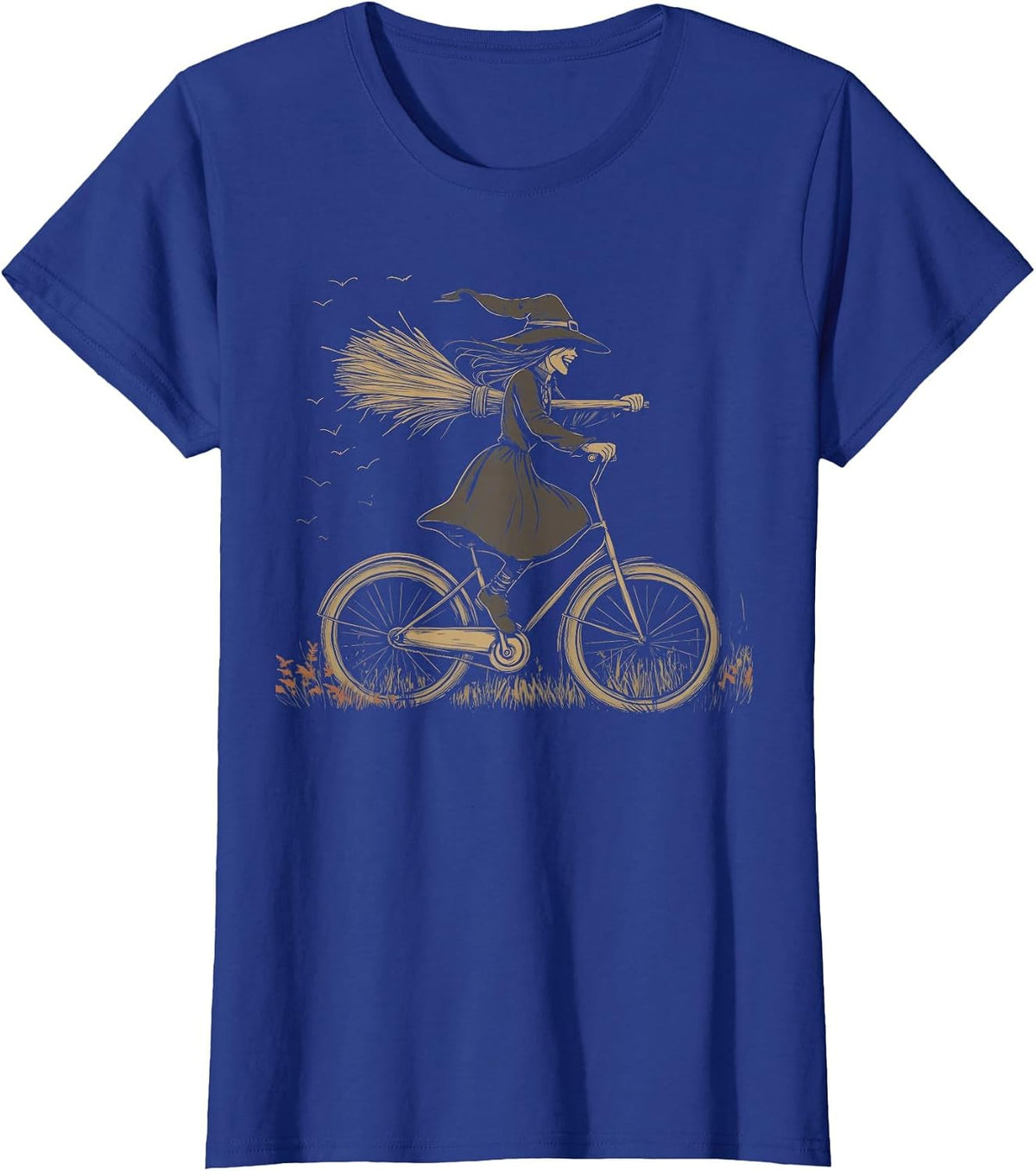 Vintage Spooky Witch Riding Bicycle Cycing Biking Halloween T-Shirt - Royal Blue