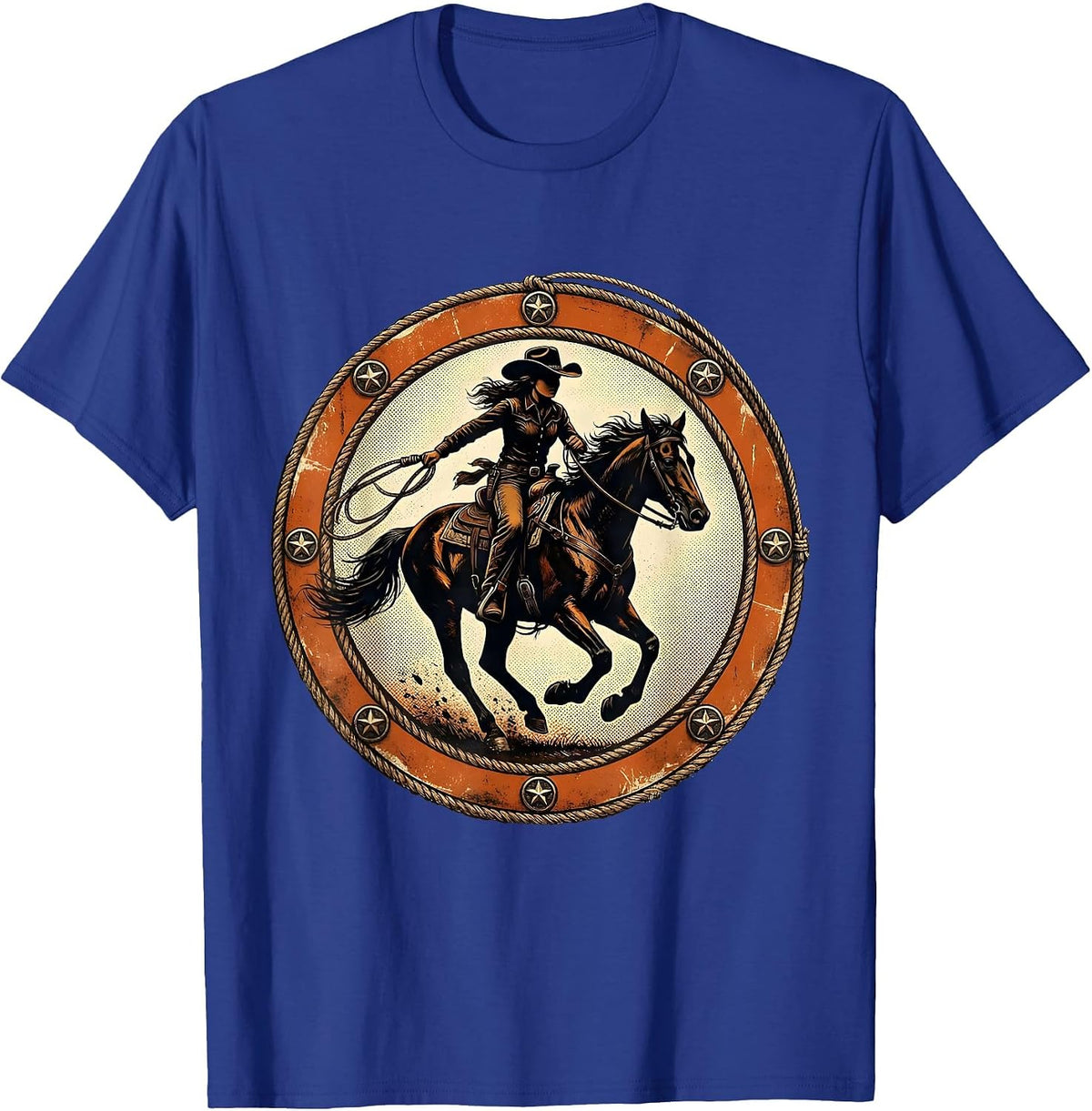Cowgirl Riding Galloping Horse Graphic T-Shirt - Royal Blue