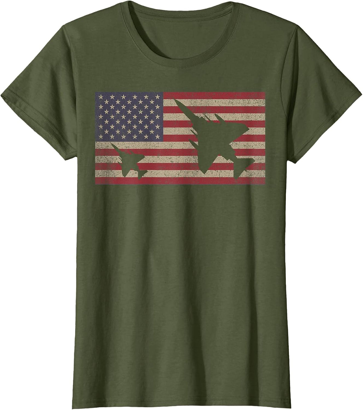 F-4 Phantom II Jet Fighter Plane USA Patriotic Flag T-Shirt - Olive Green