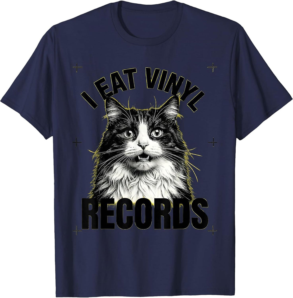 I Eat Vinyl Records Funny Cat Meme Bootleg Graphic T-Shirt - Navy Blue