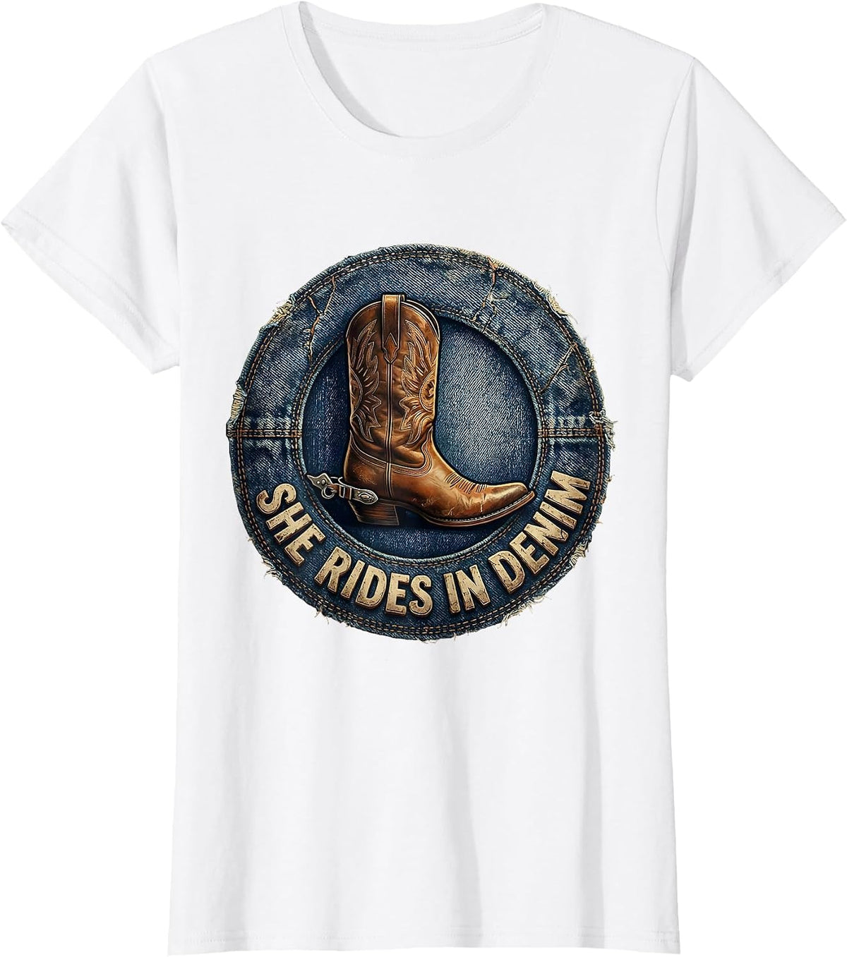 She Rides In Denim Cowgirl Graphic Design T-Shirt - White