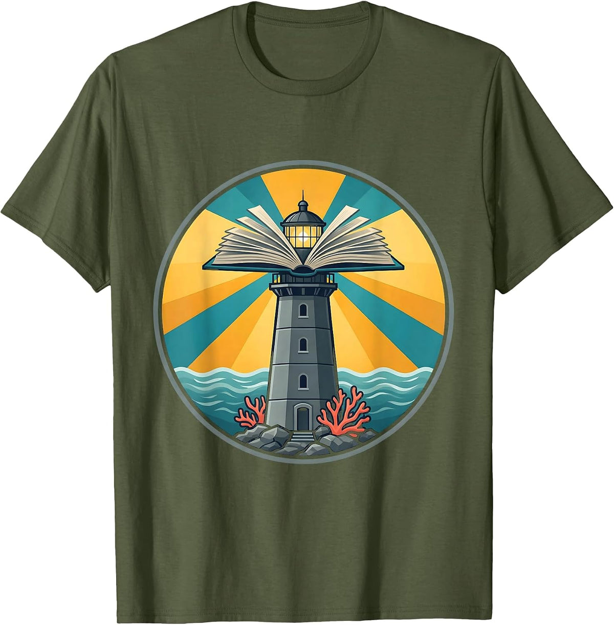 Reading Teacher Lighthouse Open Book Graphic T-Shirt - Olive Green