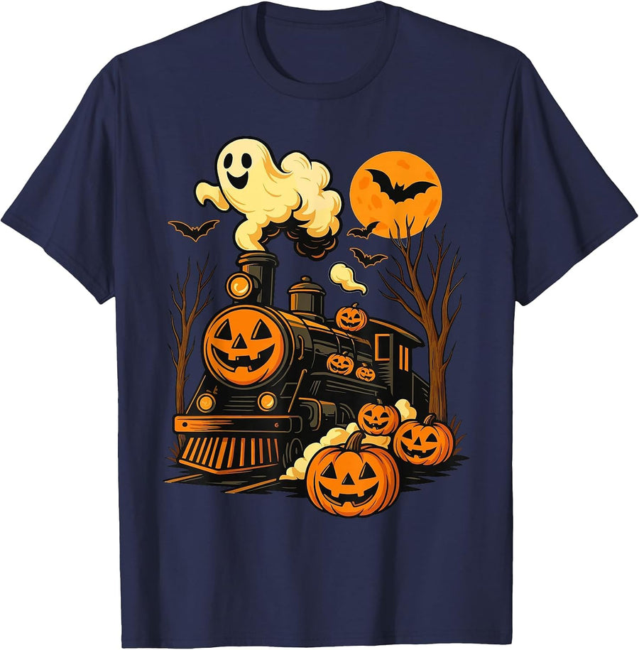 Vintage Halloween Train Pumpkin Railroad Trains Lover T-Shirt - Navy Blue
