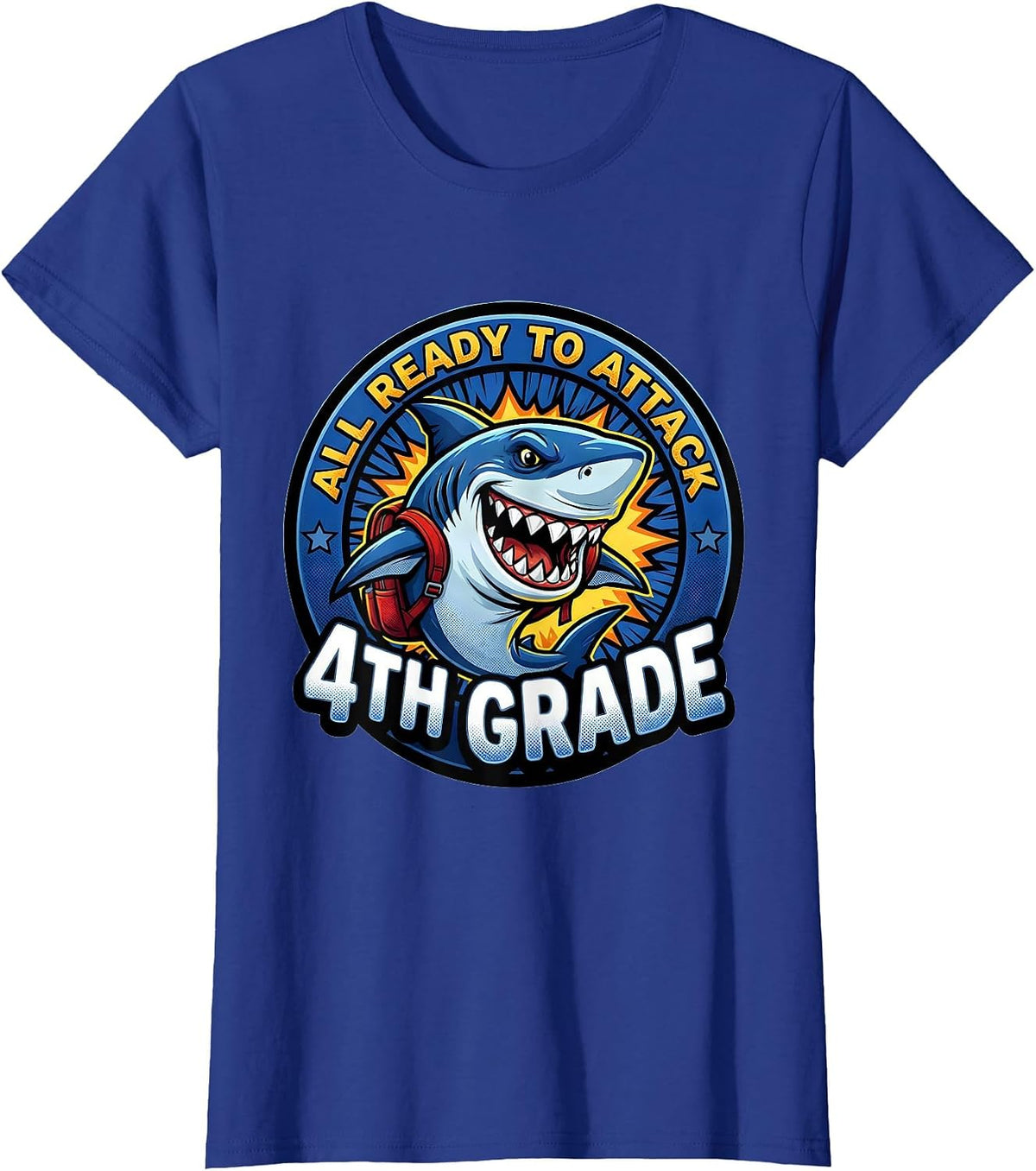 Women's All Ready To Attack 4th Grade Comic Book Shark Boys First T-Shirt - Royal Blue