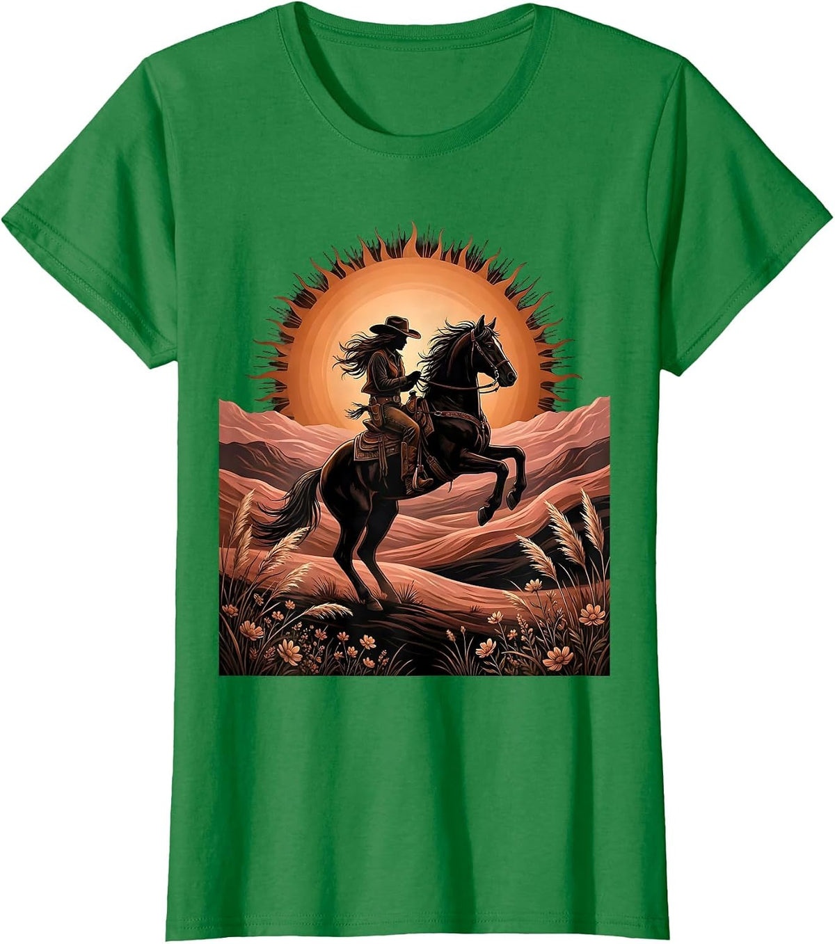 Women's Cowgirl Riding Horse at Sunset Western Design T-Shirt - Kelly Green
