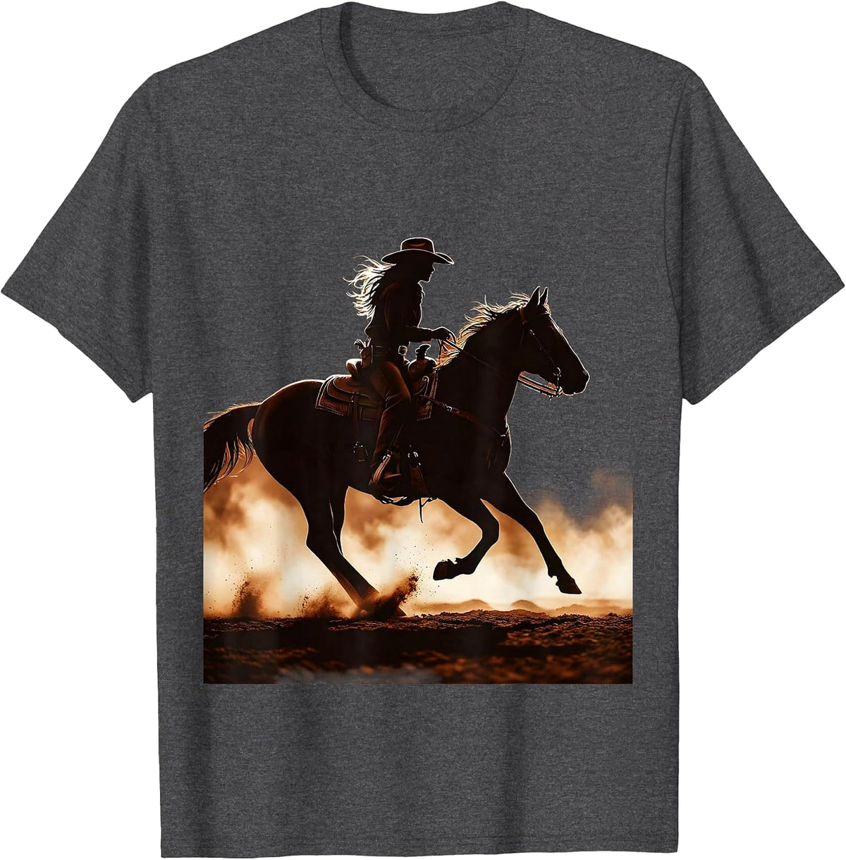 White Cowgirl Riding Horse Through Dusty Trail T-Shirt - Dark Heather Grey