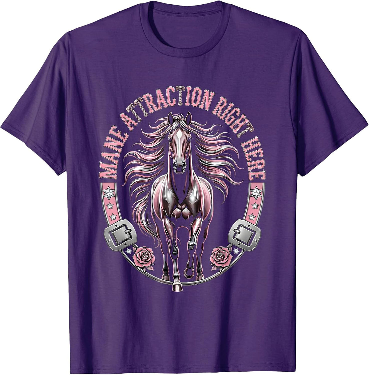 Mane Attraction Right Here Horse Lover Design T-Shirt - Purple