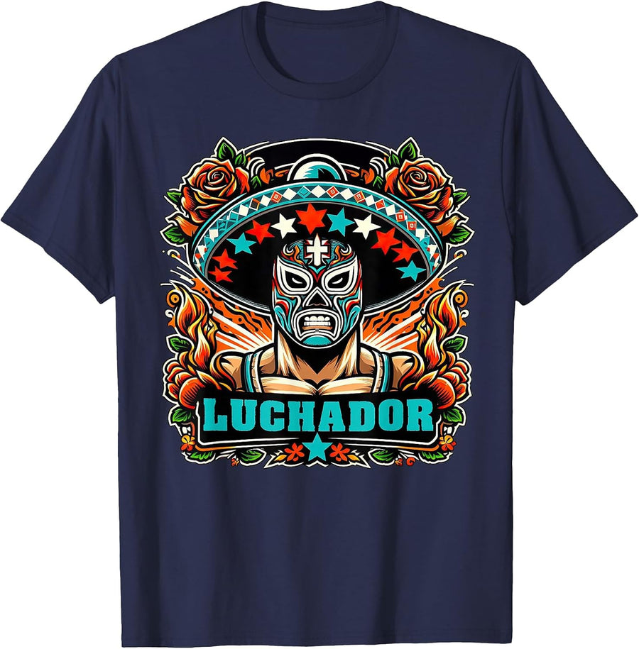 Retro Luchador Floral Cinco De Mayo Wrestling Mask T-Shirt - Navy Blue