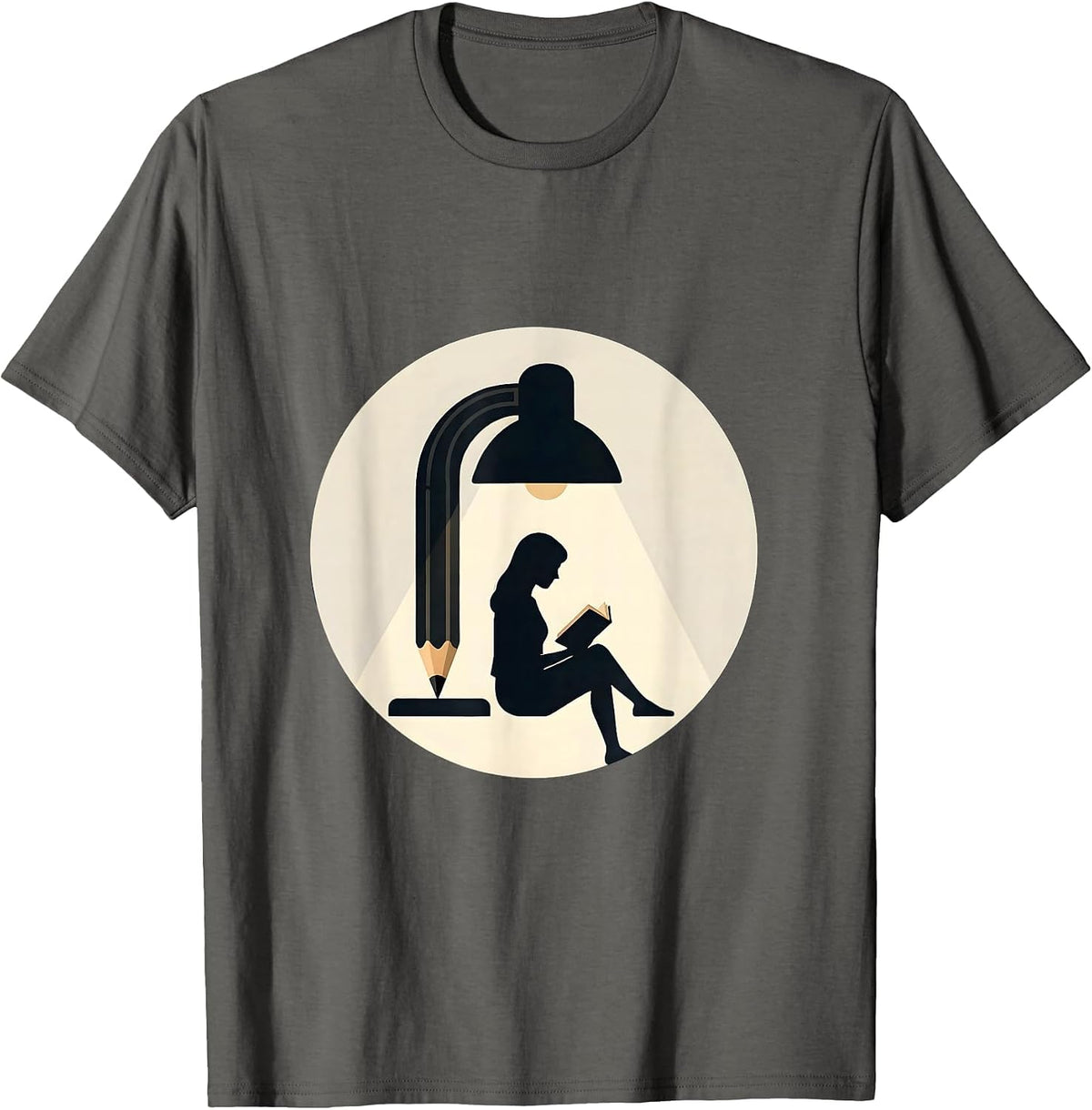 Teacher Reading Under Pencil Lamp Illustration T-Shirt - Asphalt Grey