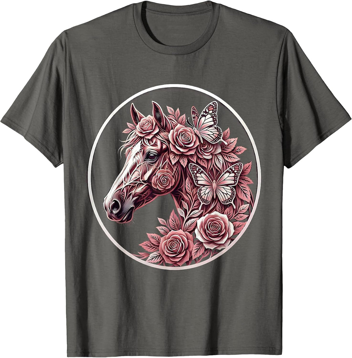 Horse Head Floral Crown Butterfly Illustration T-Shirt - Asphalt Grey