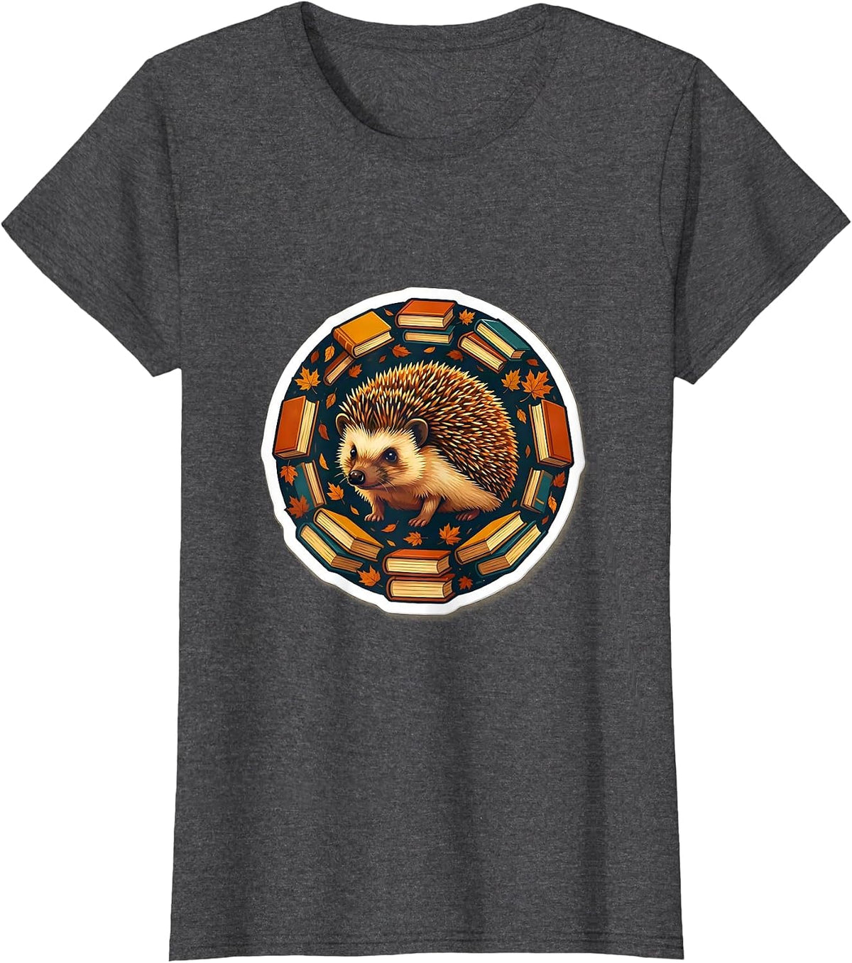 Women's Fall Teacher Hedgehog with Stacked Books Design T-Shirt - Dark Heather Grey