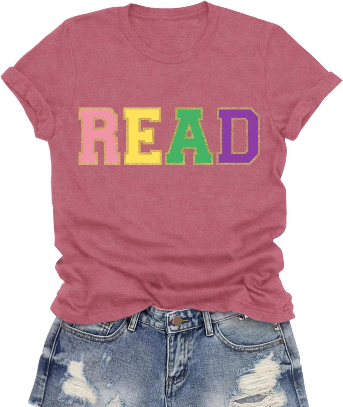 Womens Reading Shirts Read Printing T-Shirt Reader Tee Teacher Tops - Pink1