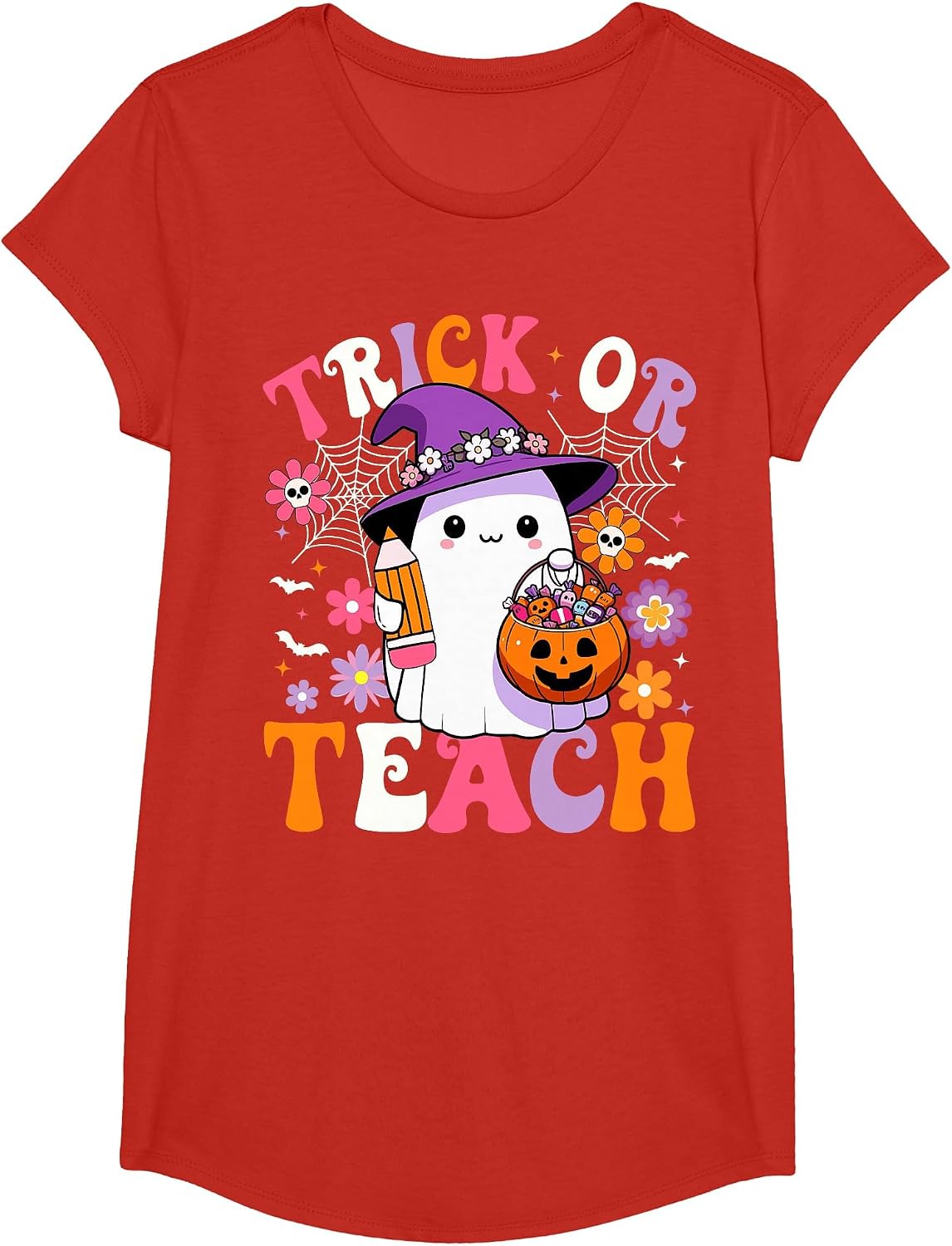 Trick Or Teach Teacher Groovy Ghost Funny Halloween Teacher T-Shirt - Girls Red