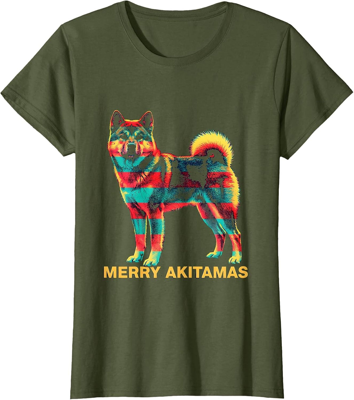 Women's Merry Akitamas Risograph Christmas Dog Breed Lover Novelty T-Shirt - Olive Green
