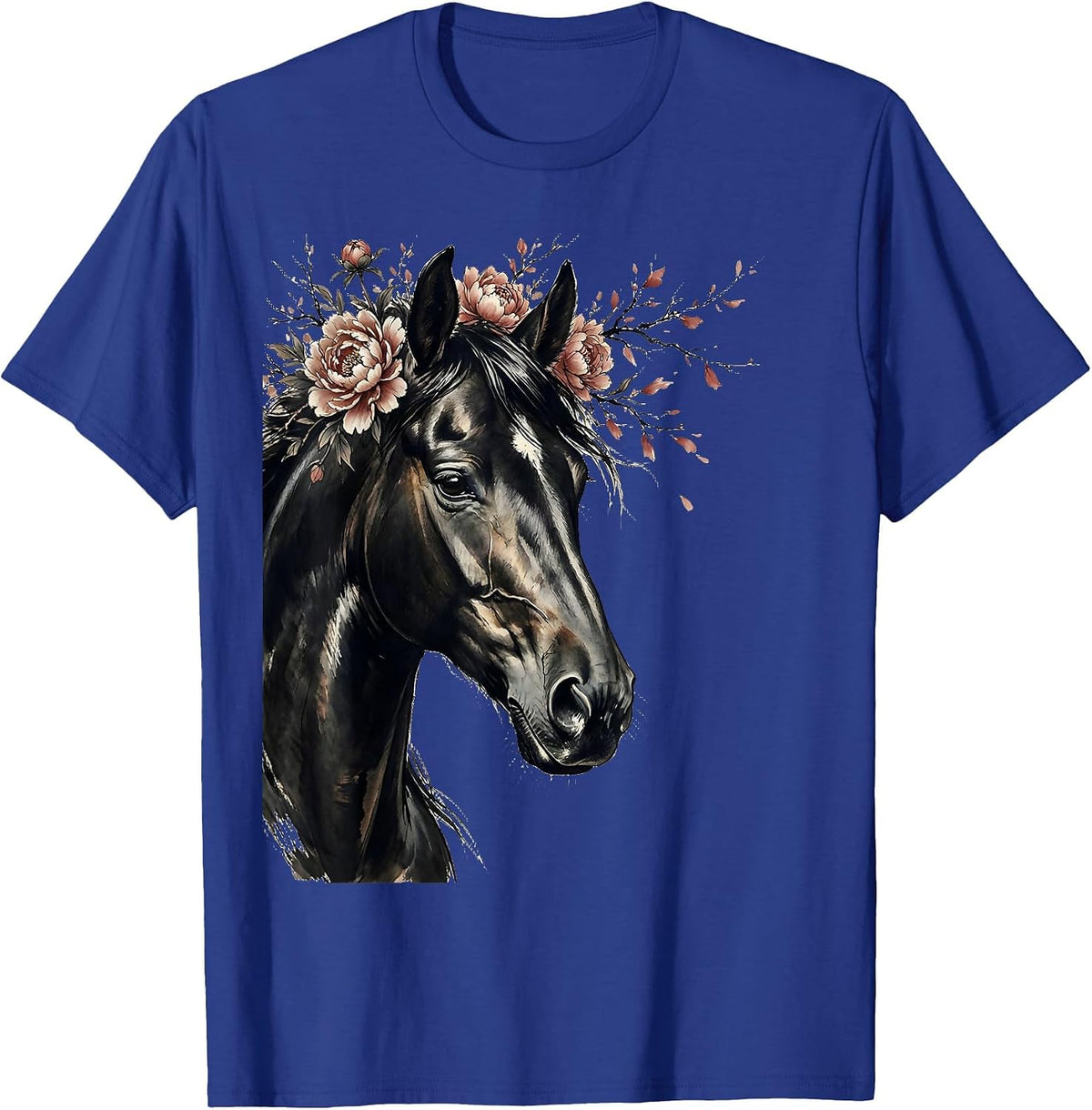 Horse Head Portrait with Floral Crown Illustration T-Shirt - Royal Blue