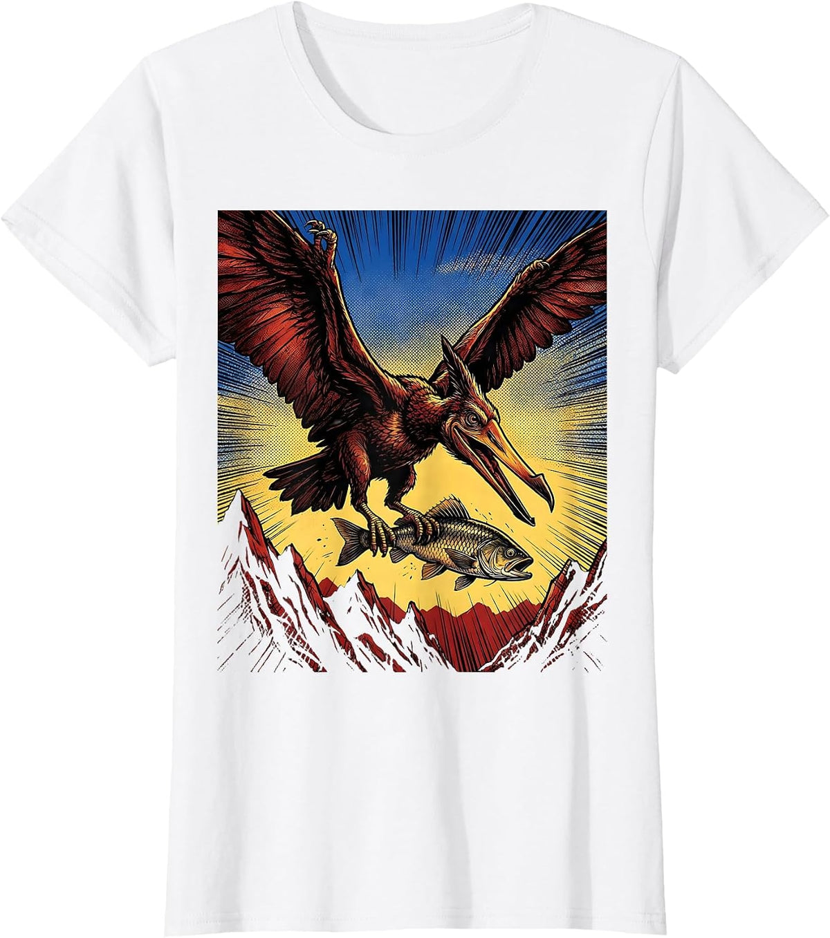 Pterodactyl Flying Over Mountains With Fish T-Shirt - White