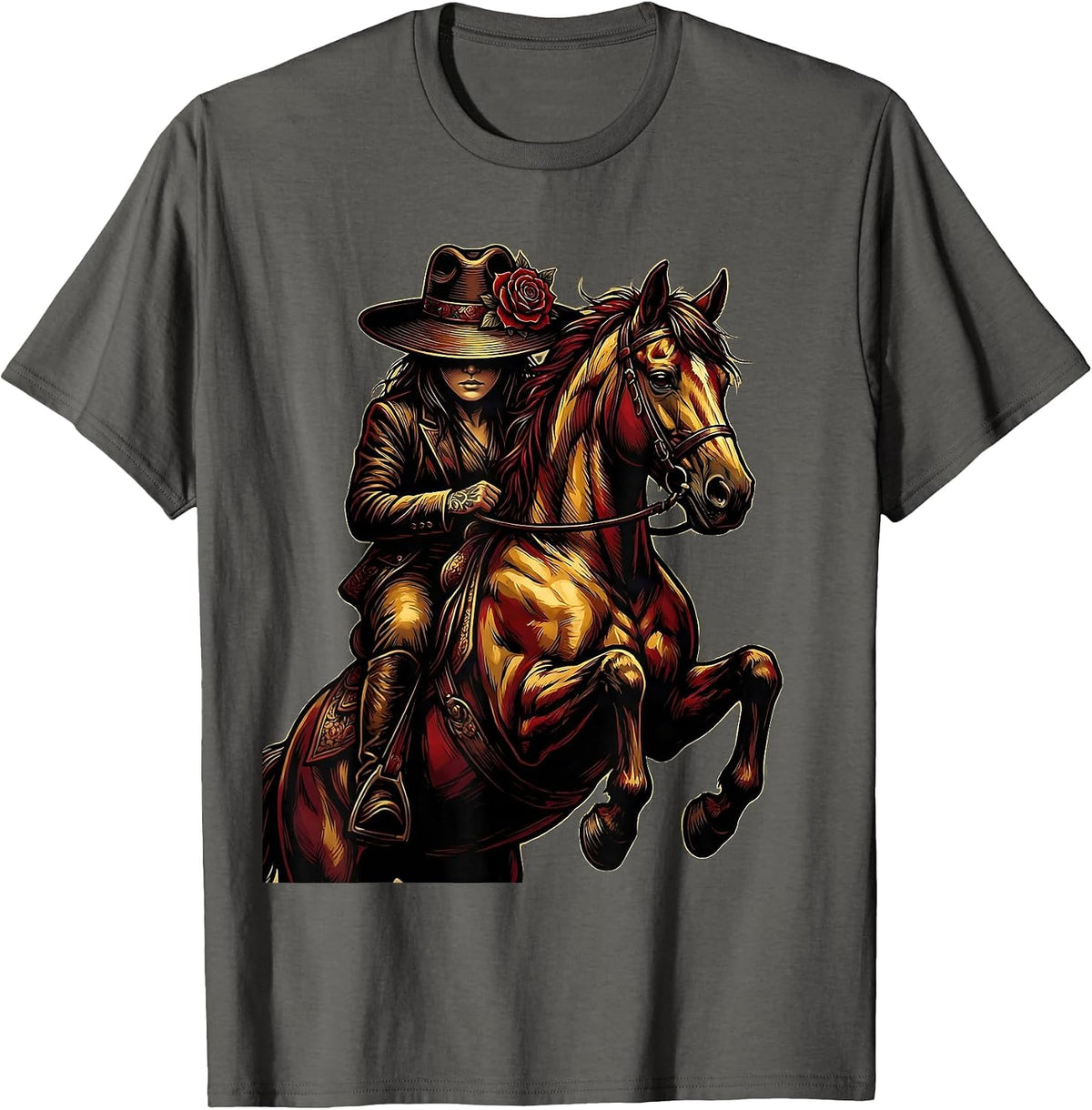 Cowgirl Horseback Rider Wide Brim Hat Western Art T-Shirt - Asphalt Grey