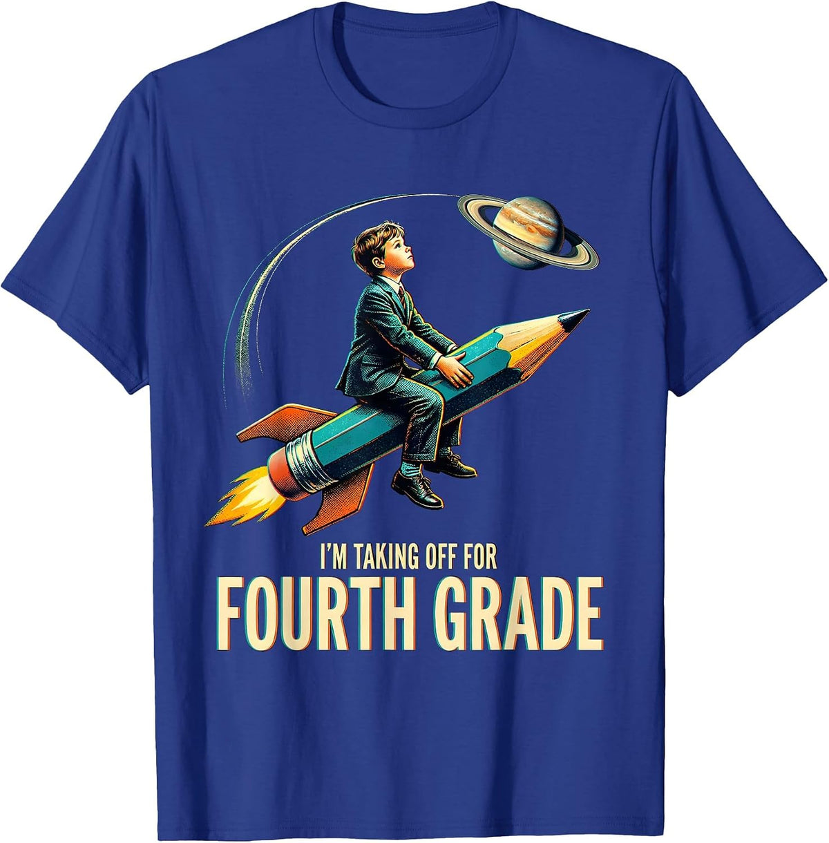 I'm Taking Off For Fourth Grade Playful Astronaut Back T-Shirt - Royal Blue
