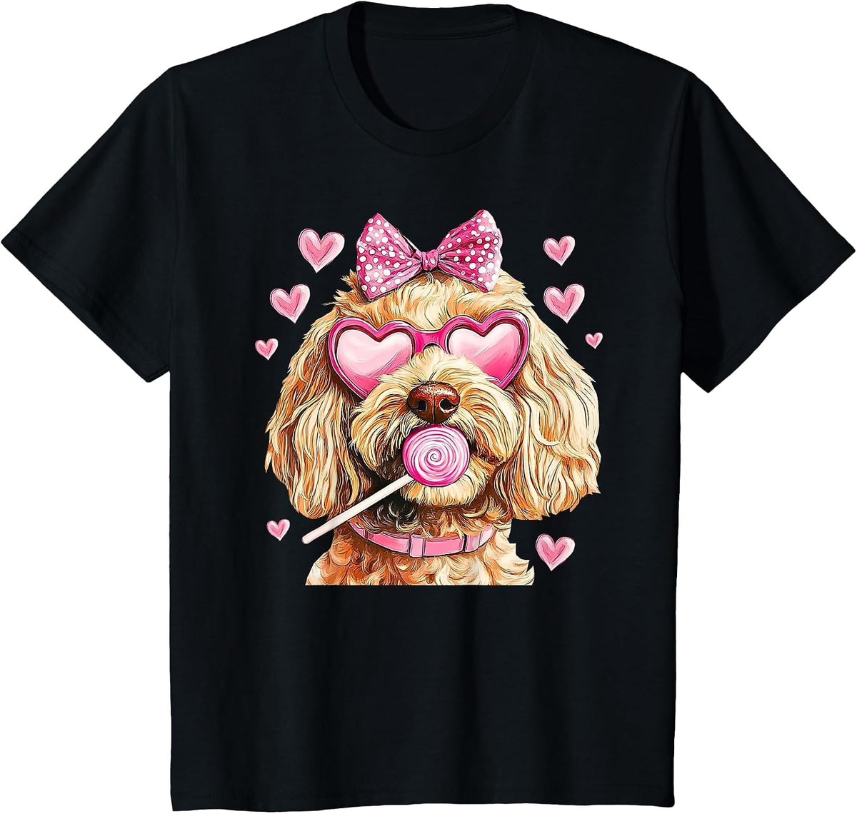 Cute Goldendoodle Wearing Glasses Heart Puppy Valentines Bow T-Shirt - Black